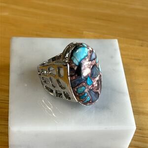 Large Fashion Ring oversized faux stone blue purple red #196 size 7. Silver tone